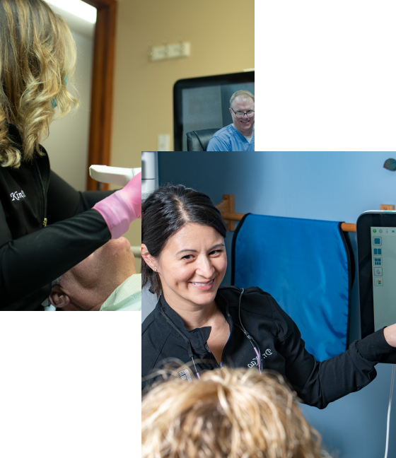 A hygienist cleaning a patient's teeth, and Dr. Kao-Reasoner with a patient
